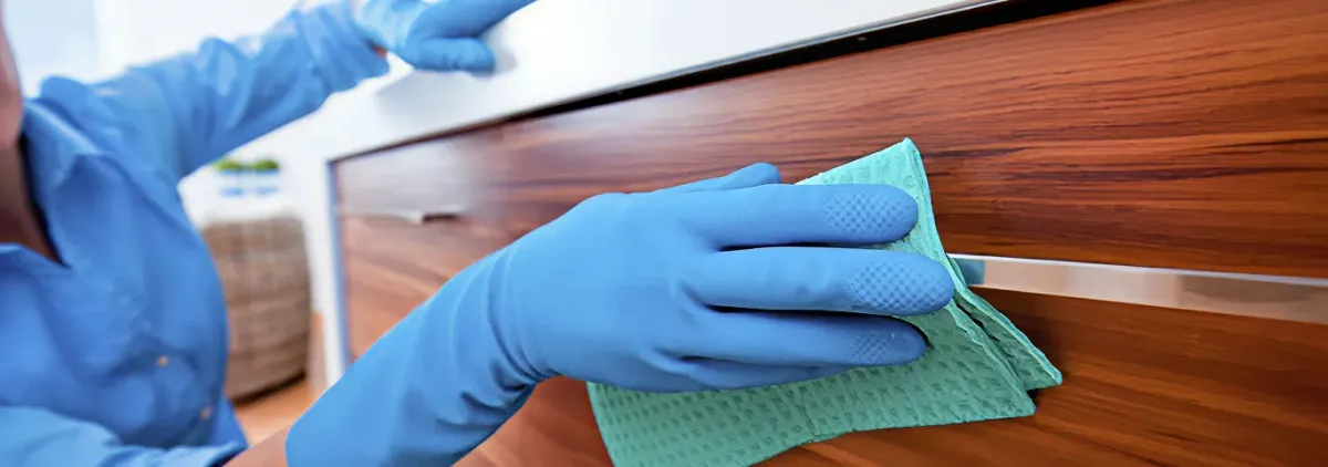 Cleaner wearing blue gloves wiping a wooden cabinet drawer with a microfiber cloth for dust and grime removal, El Paso, TX.
